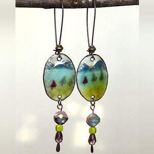 Artisan Hand-Painted Enamel Earrings • Bronze Abstract Boho Statement Jewelry